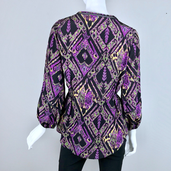 {Shoshanna} Midnight Ikat Print Silk V-Neck Blouse - Picture 5 of 7